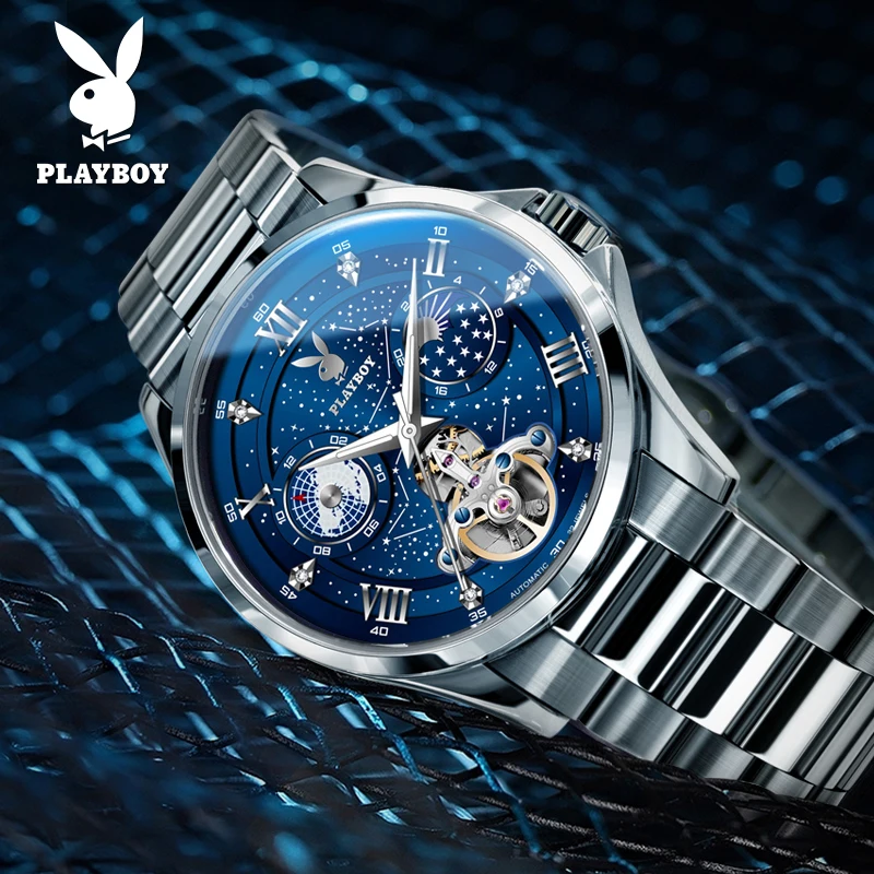 

PLAYBOY 3049 Mechanical Movement Men Watches Flywheel Mechanical Watch Moon Phase Waterproof Luminous Watch For Man