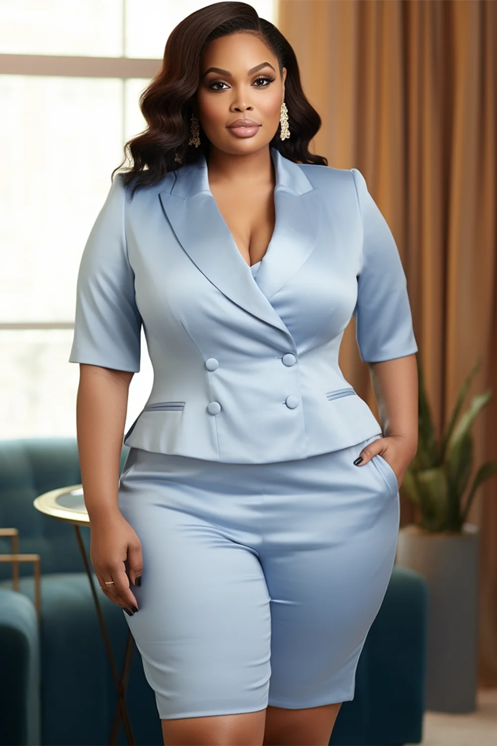 Plus Size Semi Formal Light Blue Lapel Collar Short Sleeve Satin Two Piece Short Sets