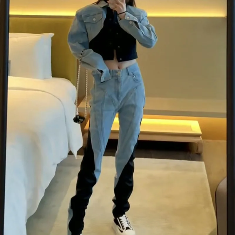 

Street hipster two-piece set 2025 autumn new versatile denim jacket high waist contrasting color jeans women's suit