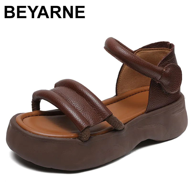 

2025 сандалии из натуральной кожи, женские летние новые дизайнерские повседневные сандалии ручной работы на танкетке в стиле ретро на массивной платформе