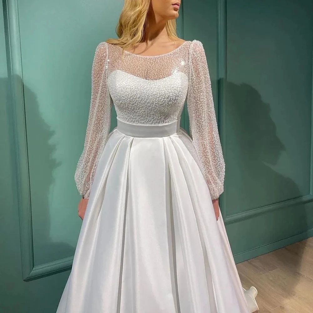 Vestido de casamento feminino com parte superior de lantejoulas, comprimento do chão, mangas compridas, vestido de noiva formal, linha A, branco, novo, simples, 2021