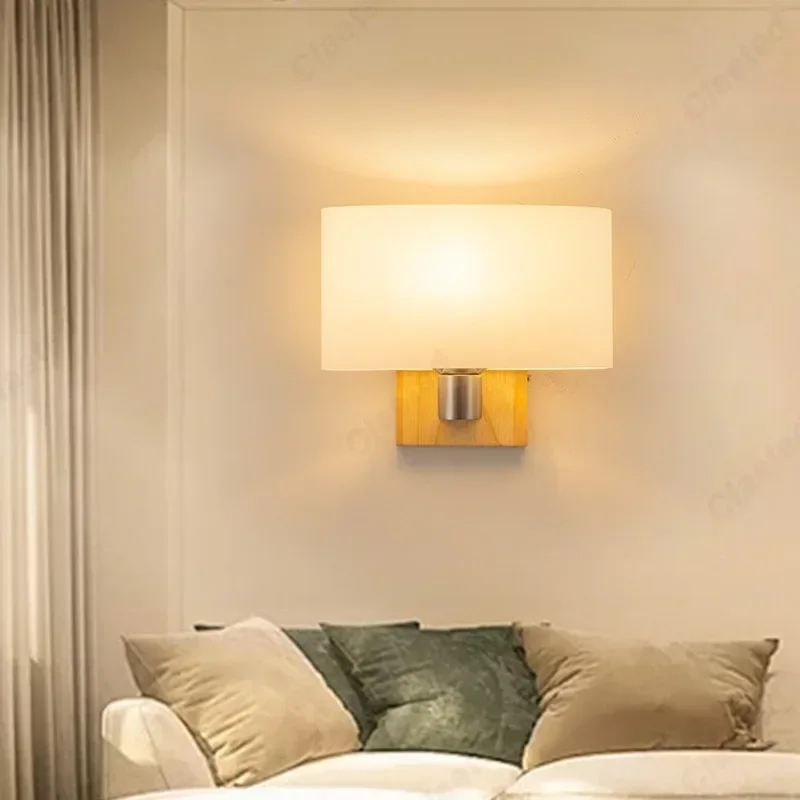 Creative LED Glass Lampshade E27 Solid Wood Wall Lamp Bedroom Bedside Lamp Living Room Corridor Staircase Lighting Fixture
