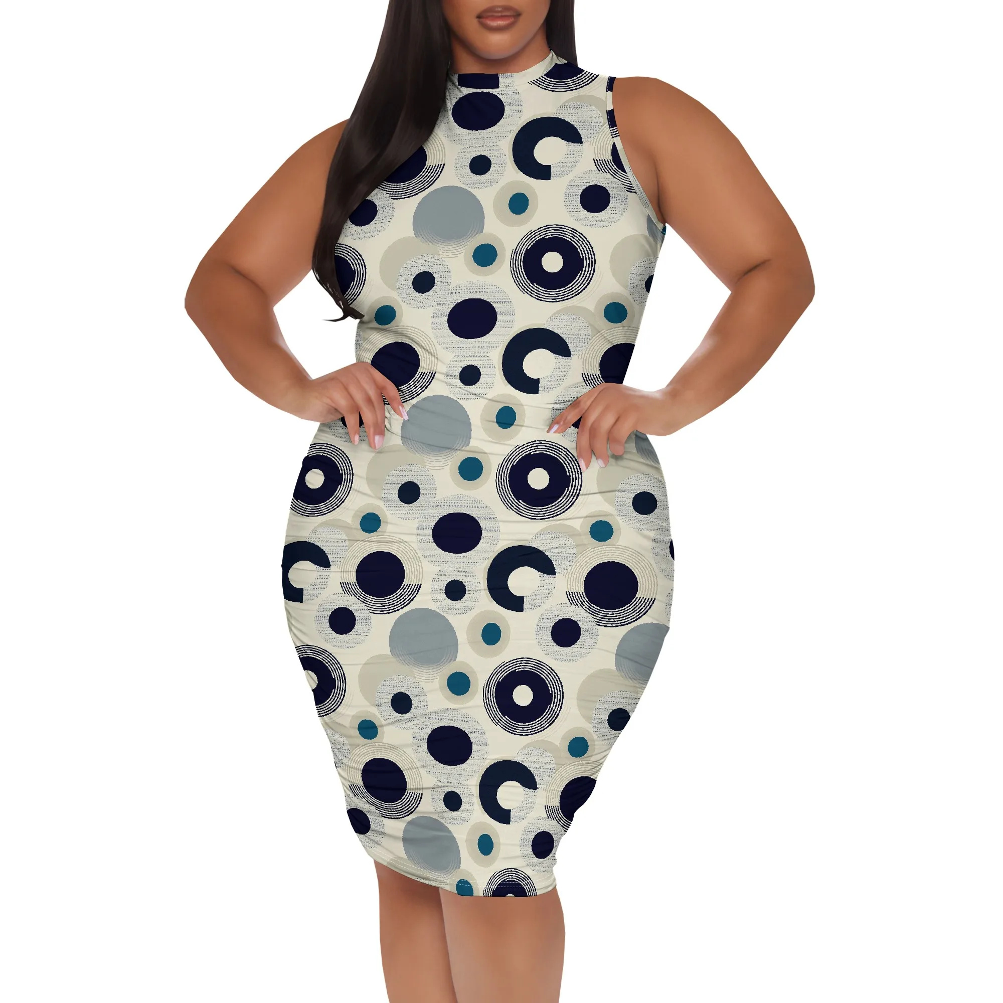 Plus Size Geometric Circle Print Bodycon Dress - Trendy and Bold Pattern for Casual Outings & Art Events, Sizes XL-6XL