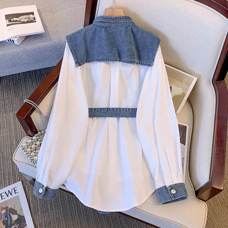 Shirts for Women Polo-neck Korean Fashion Oversized Denim Patchwork Fake Two Pieces Long Sleeve Blouse Casual Loose Women Tops