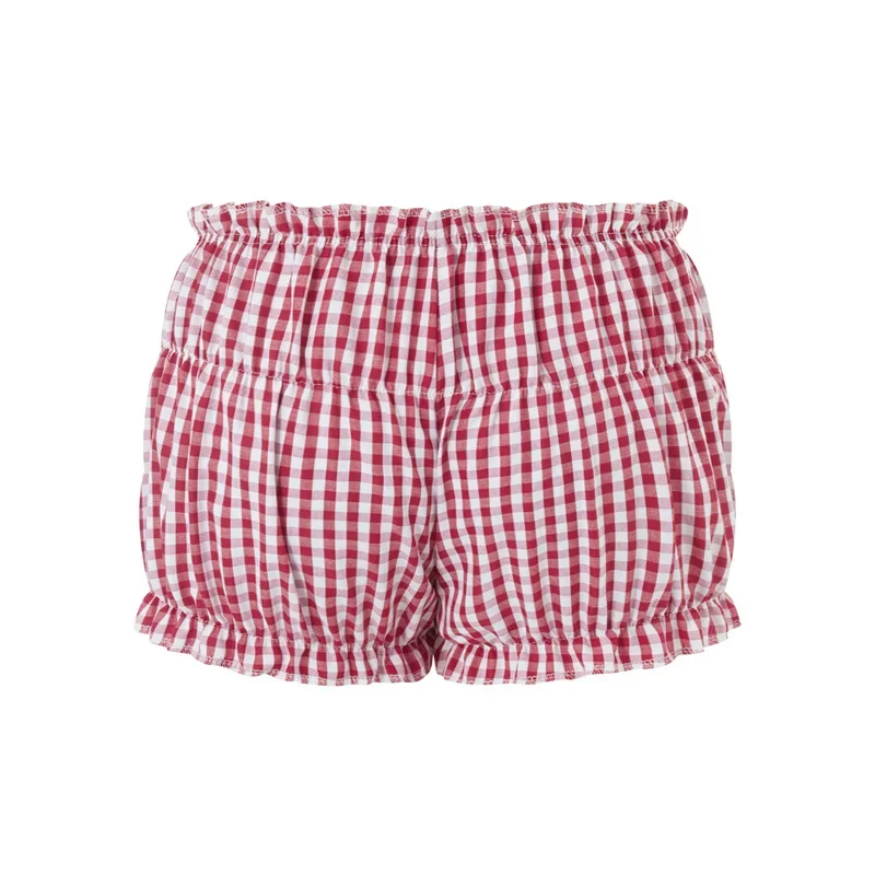 Shorts xadrez vermelho e branco para mulheres, cintura elástica, babados, shorts para bolo, bottoming, pettipants doce menina lolita