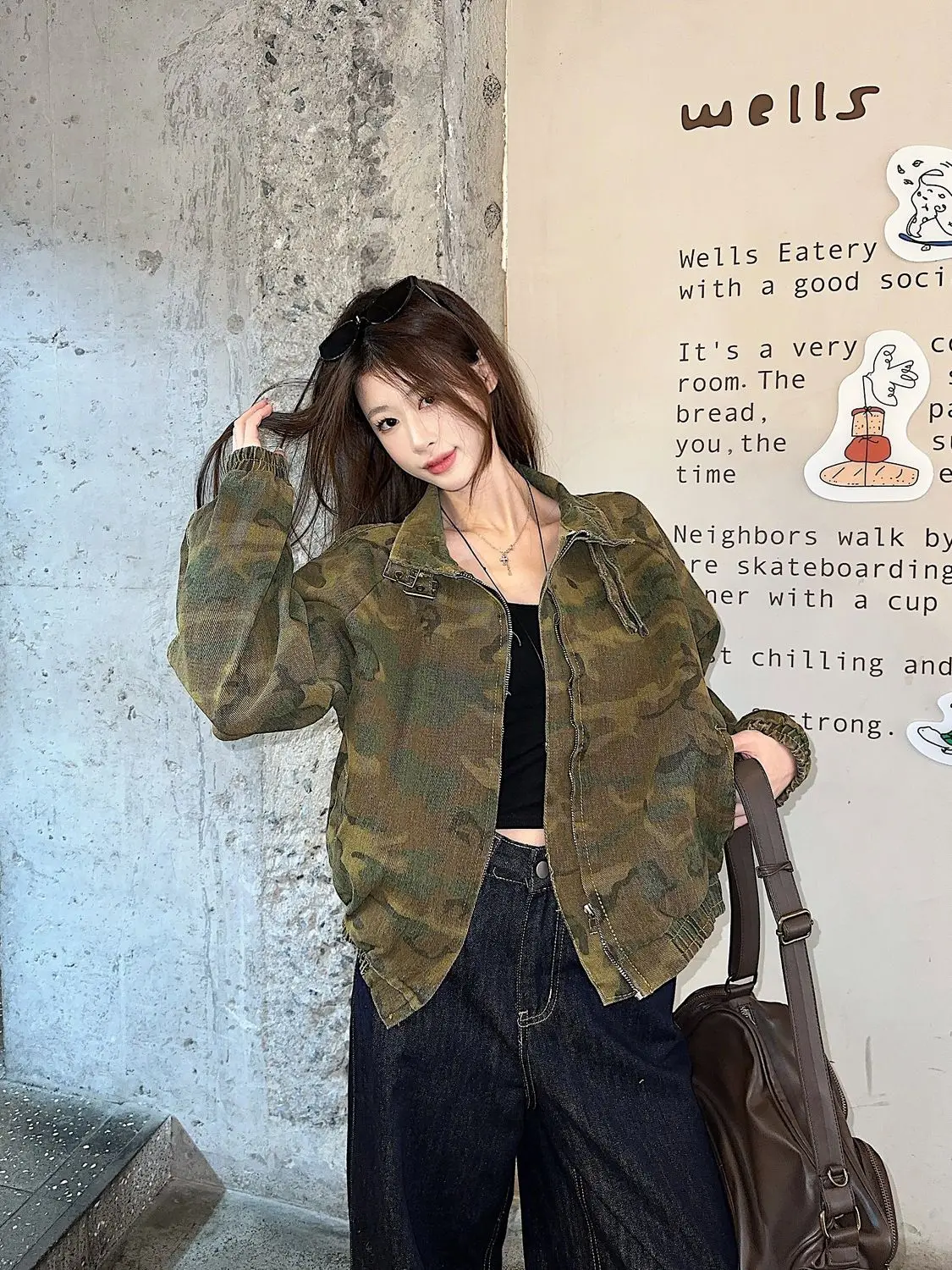 ​ ​ 여성 카모 스트릿 재킷 빈티지 오버사이즈 지퍼업 가디건 슬리밍 다용도 2025년 봄 신상 경량 아우터 ​ ​