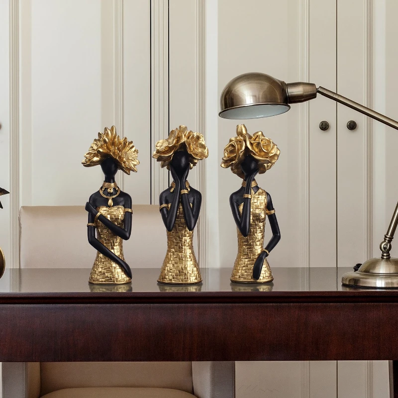 

Decoration Crafts Modern Minimalist African Lady Sculpture Golden Woven Texture Art Decor for Living Room TV Cabinet