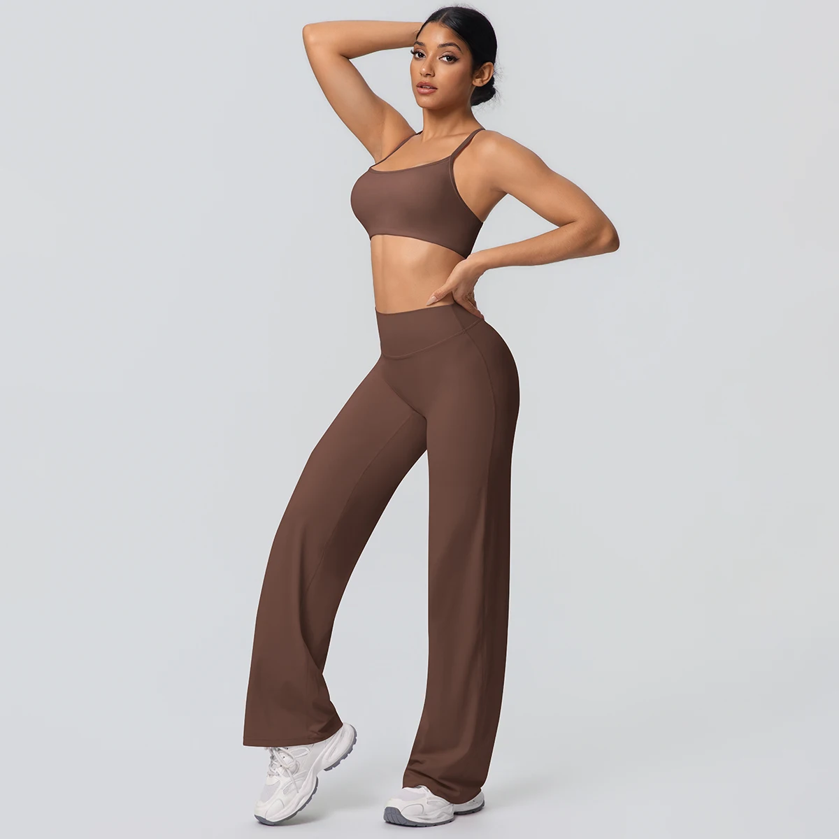 Frauen Gym Sport Yoga Anzug Sexy Schöne Zurück Yoga Unterwäsche Mit Brust Pad Einfarbig Hohe Taille Breite Bein Hosen Yoga Set – Detail 10