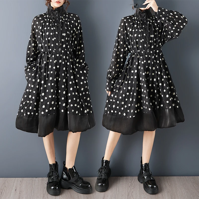 

Spring Summer New Loose Dark Style Fashion Dot Splicing Pleated Stand Collar Elegance Dress with Belt Women's Midi Skirt