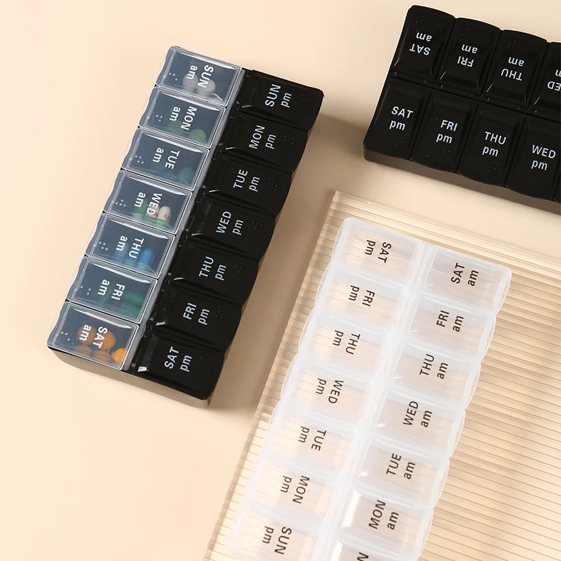 Tragbare Reise-Pillendose Organizer 7 Tage 14 Fächer 2 Mal Täglich mit Großen Fächern für Vitamine Medikamente Fischöle