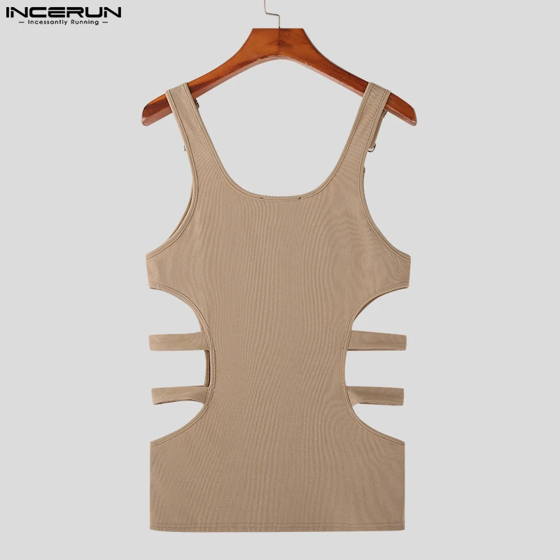 Men Tank Tops Solid Sexy Hollow Out O-neck Sleeveless Summer Streetwear Vests Men 2023 Skinny Fashion Men Clothing S-5XL INCERUN