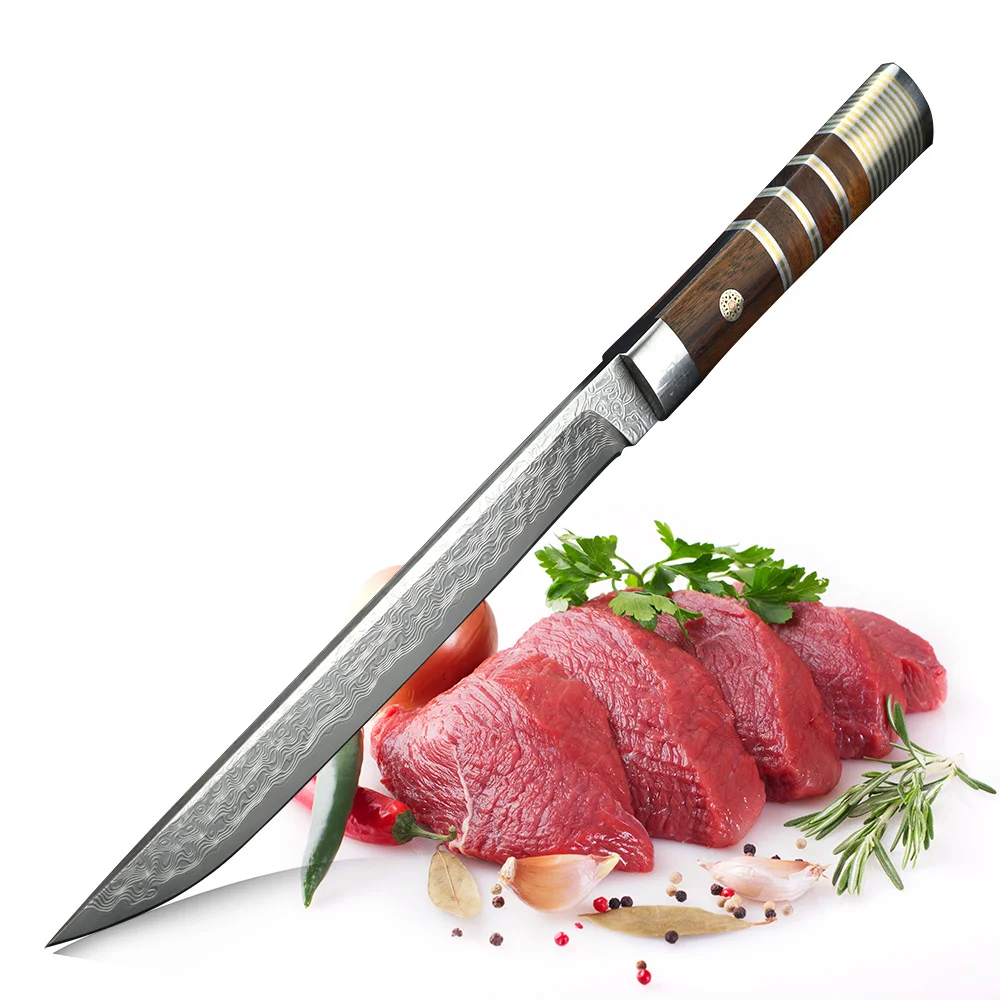 Meat Slicer - Damascus Steel, Hardness 62HRC Sharp Blade and Wooden Scabbard, for Home and Commercial Kitchen Processing