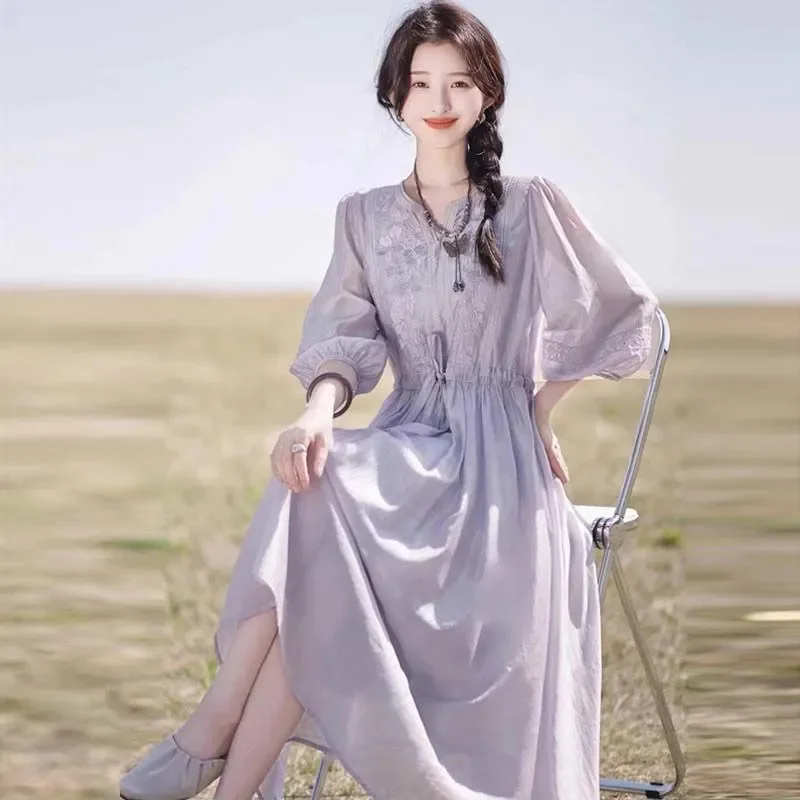 Summer Women New Embroidered Dress 2025 Female High-end Purple Wind Chime Temperament, Loose Tea Break Loose Medium Length Skirt