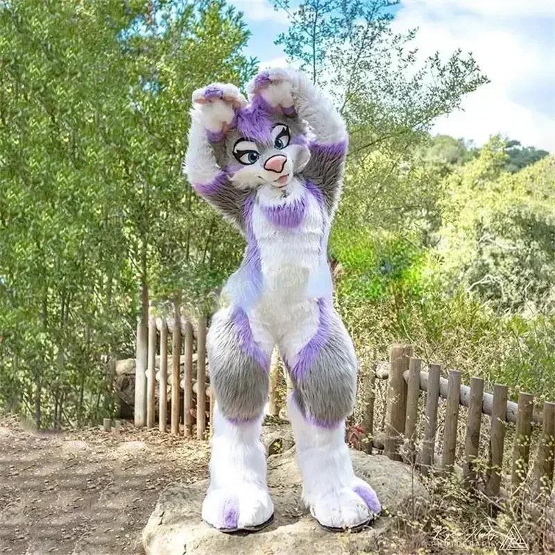 طويل الفراء فروي زي أجش الكلب الثعلب زي التميمة Fursuit الذئب الأبيض الأرجواني تأثيري حزب Fursuit هالوين دعوى الكبار الحجم #2