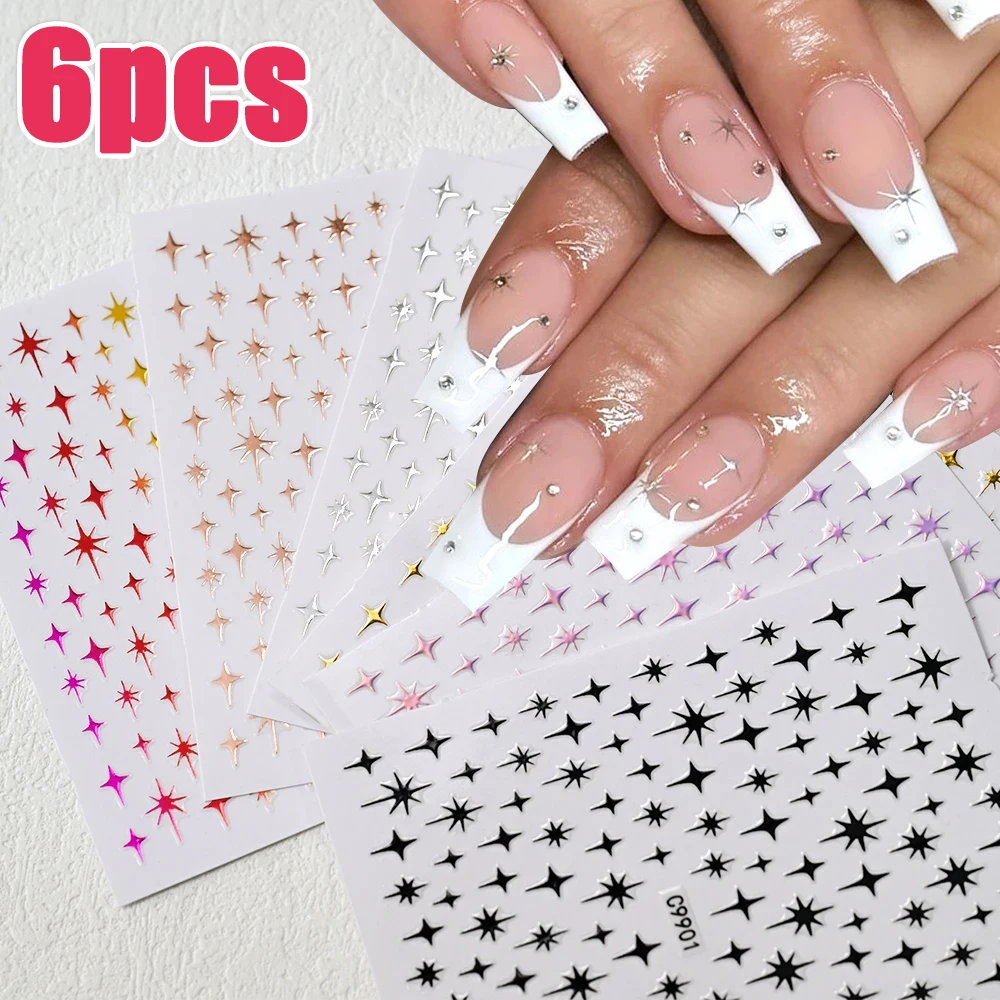 6Sheets Gold Silver Star Laser Nail Art Stickers Set 3D Bronzing Laser White Cross Starlight Y2K Nail Decals  Manicure Decor *&#
