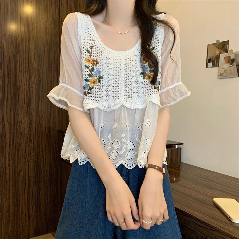 

Women Blouse Crochet Knit Eyelet Lace Half Sleeve Floral Embroidery Babydoll Tops Summer Teen-girls Fairycore Cottagecore Outfit