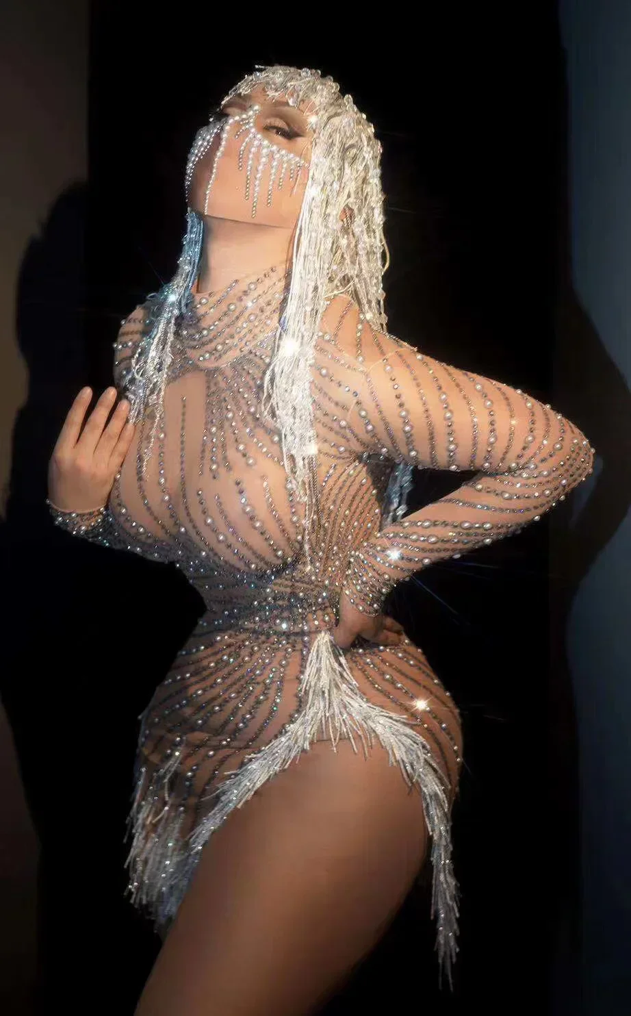 

Nude Shining Rhinestones Tassel Pearls Sexy Split Dress For Women Nightclub DJ Stage Singer Drag Queen Costumes Prom Wears