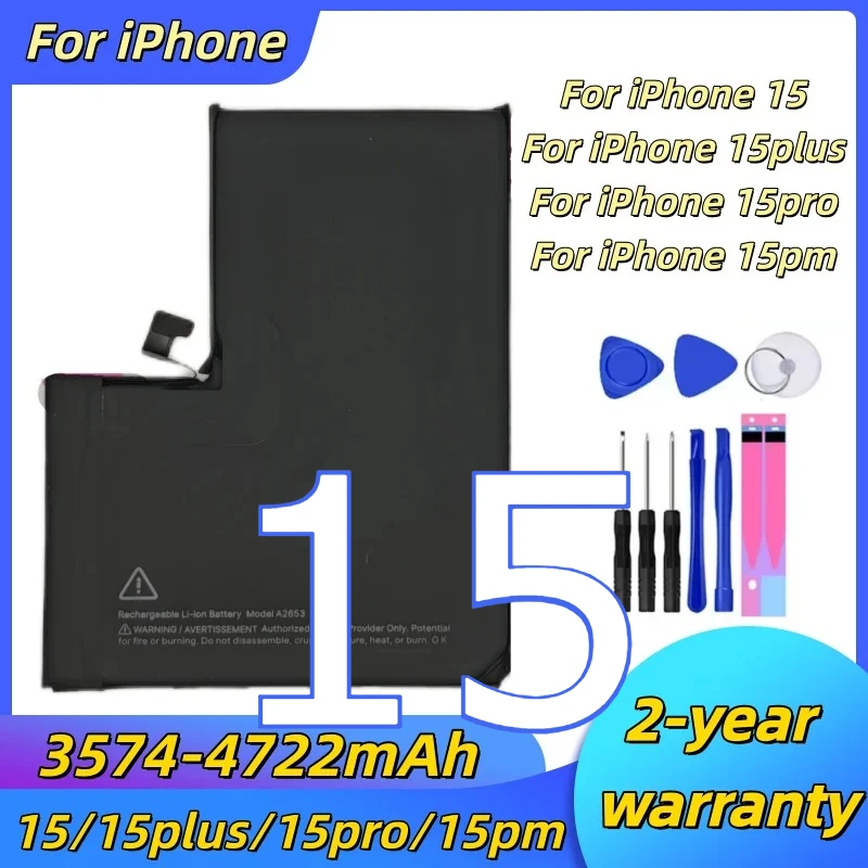 Batería de litio 2026 100% nueva para iPhone 15/15Plus/15Pro/15ProMax 3501-5000mAh, incluye herramientas 2