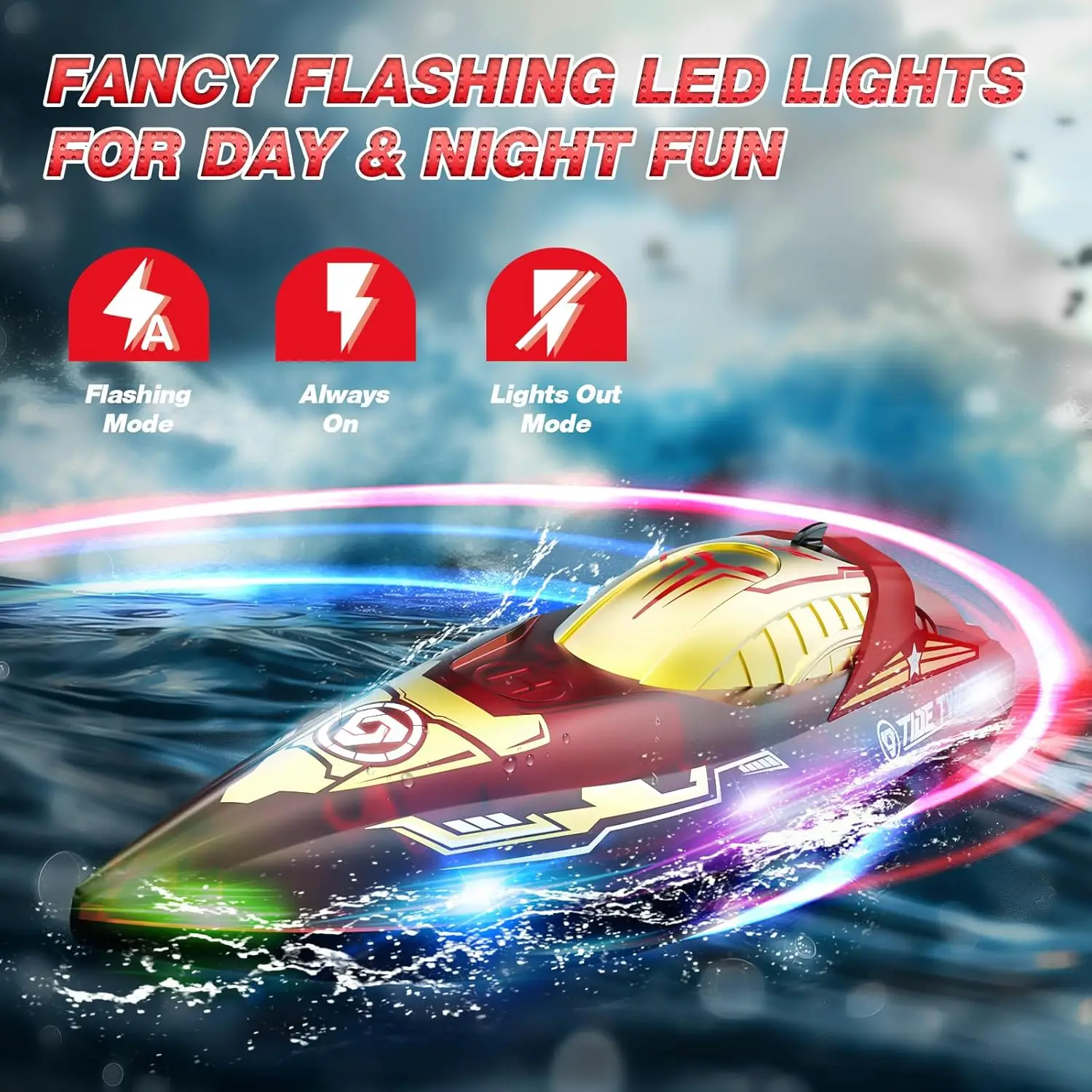 DEERC RC Boat: LED Lights, 2.4Ghz, 80 Min Run, Capsize Recovery, Water Sensing, Summer Toy.