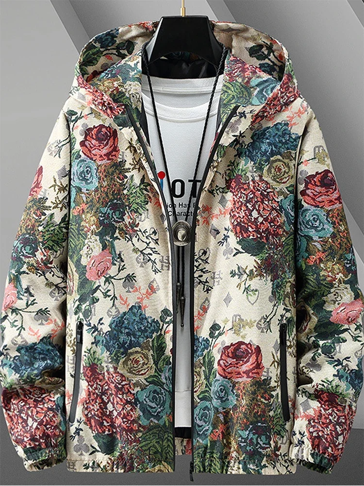 2024 spring new arrival hooded coat male high quality casual flower pattern jacket men,men\'s casual jackets,plus-size 5XL