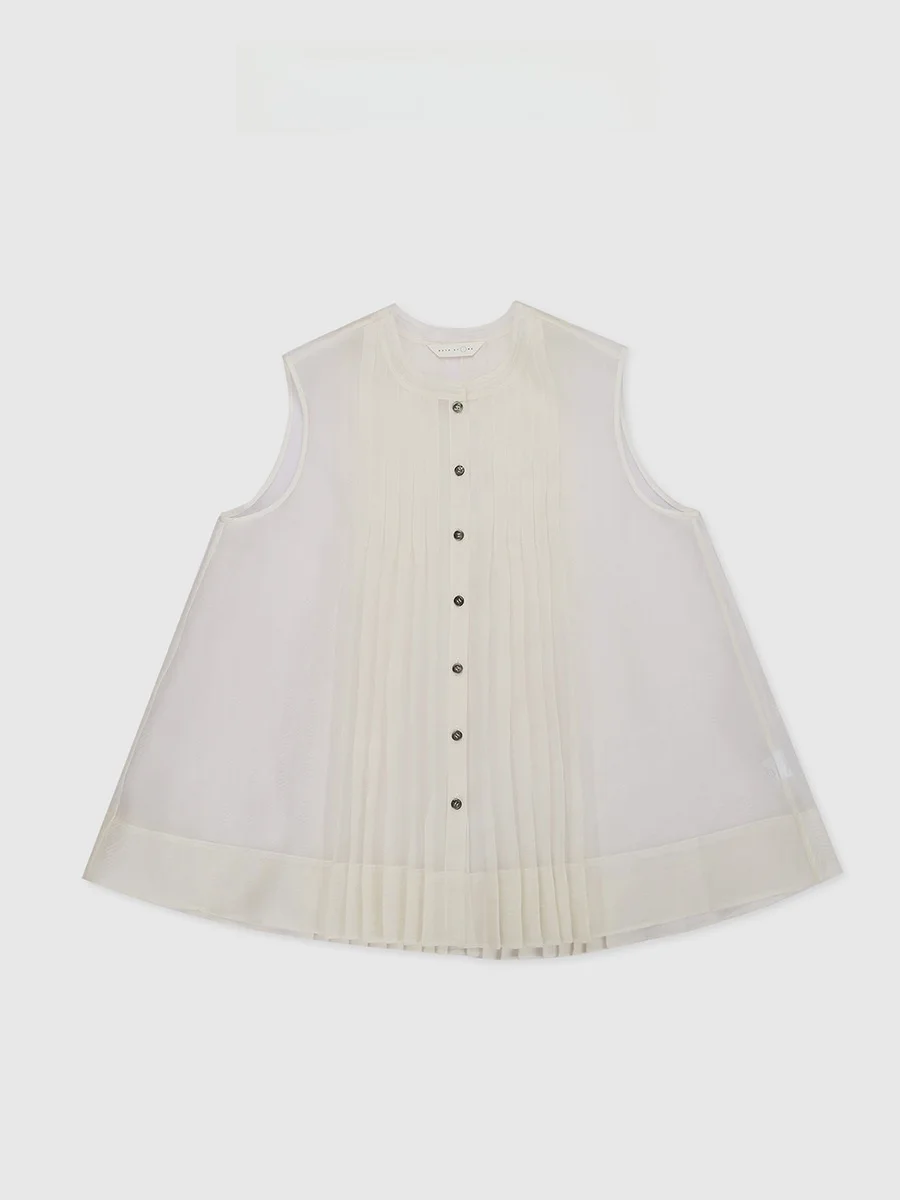 

Ele Thin Silk Blouse Baatone Commute Sle round Ne Single Button Pure Color No Sve Pleated Draped in Jade Color