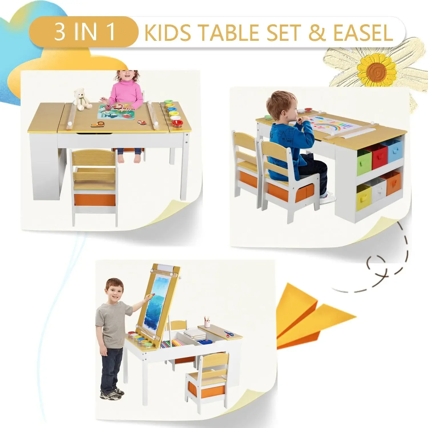 Conjunto de mesa de arte infantil 3 em 1 Kinder King e cadeira de cavalete, mesa de atividades infantis de madeira, 6 caixas de armazenamento, rolo de papel, copos de pintura