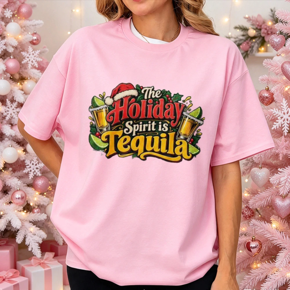 The Holiday Spirit Is Tequila Funny Christmas Tequila Lime Graphic Tee Santa Hat Holly Print Short Sleeve Xmas Party Casual Tops