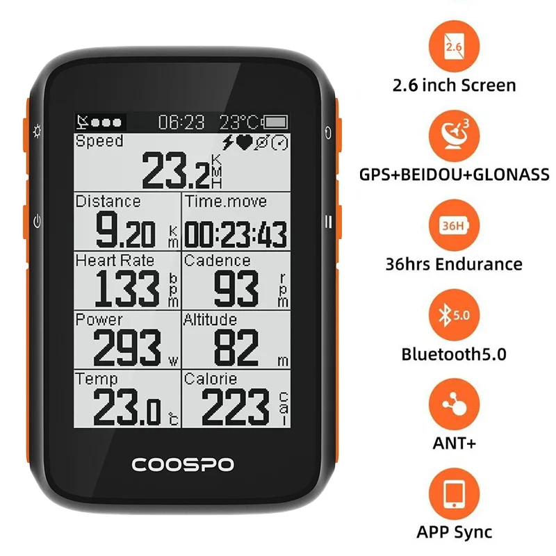 Coospo BC200 GPS Bike Computer 2.4inch ANT+Bluetooth5.0 Bicycle Speedometer Odometer Multi-Language Cycling Support Holder