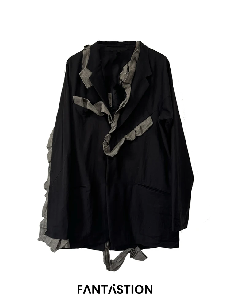 FANTASTION Original design Gray Folds Cloth Splicing Suit coat Casual blazers tassel embroidery loose suit jackets tops