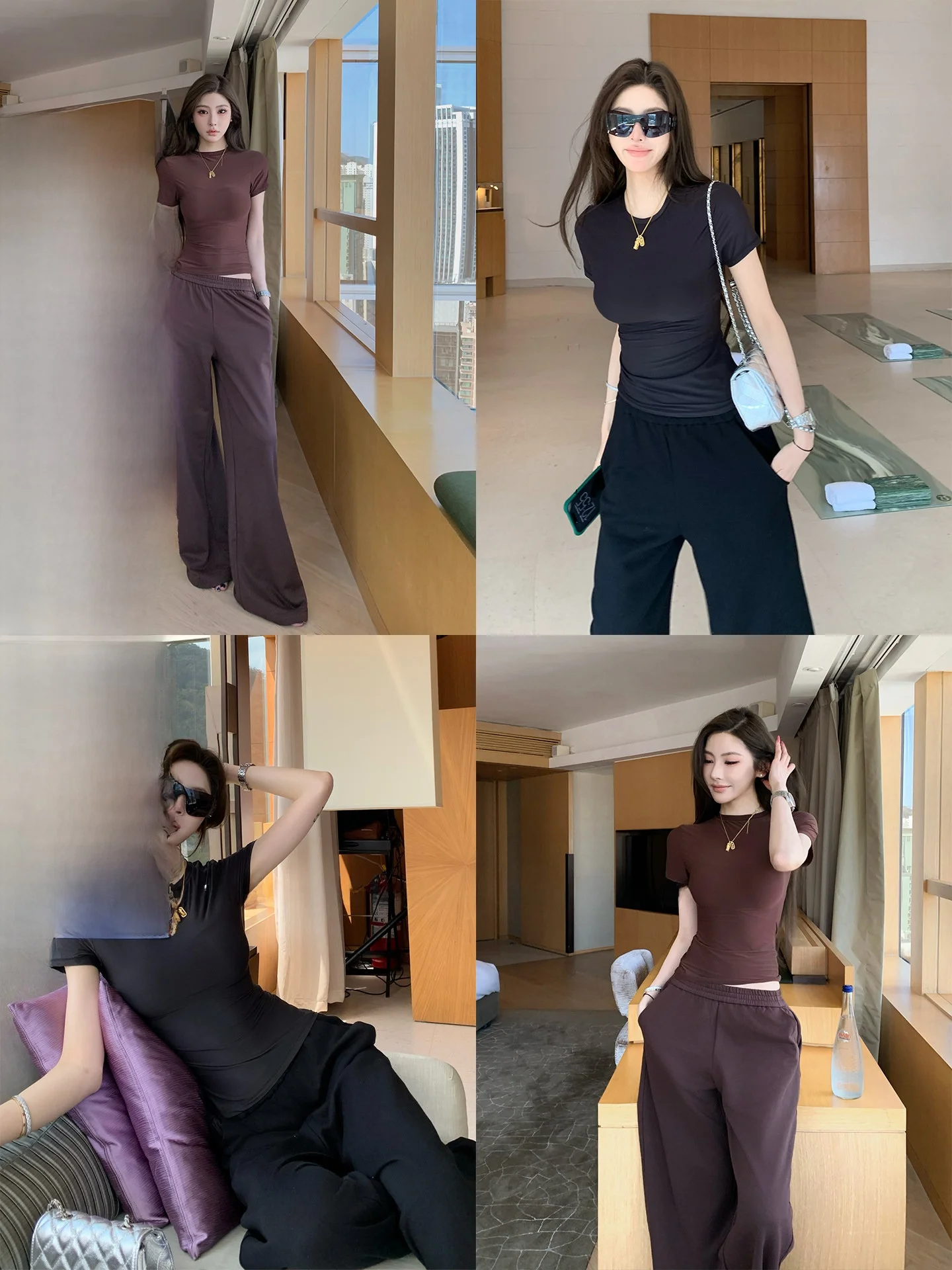 

High Elastic Short Sleeve T-Shirt And Sporty Casual Pants Two-Piece Set Women's Fashion Spring Collection round Neck High Waist