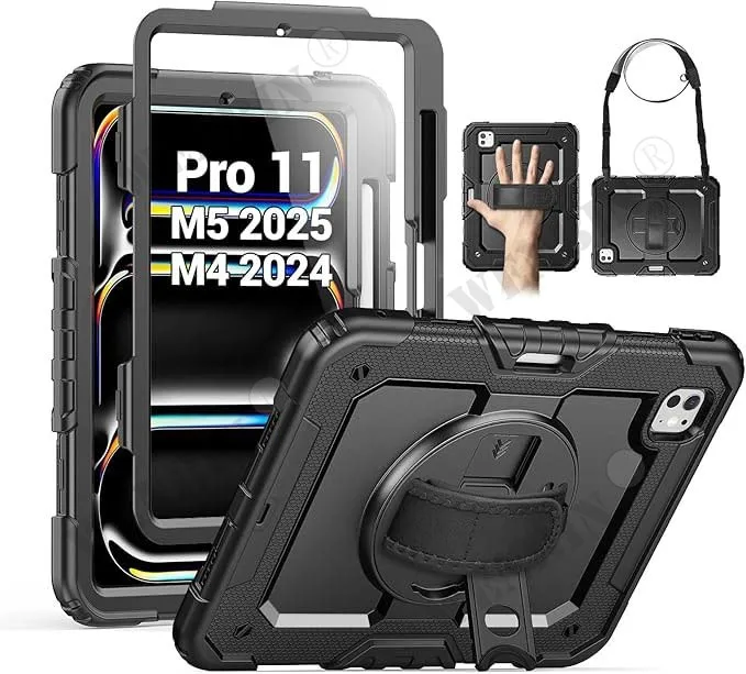 Чехол для iPad Pro 11 M4 M5 2024 2025, прочный, с вращающейся ударопрочной подставкой, ремешком для руки и плечевым ремнем, черный чехол.