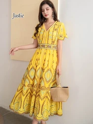 Jastie French Hollow Out Floral Embroidery Dress Summer V-Neck Short Sleeve Women Dresses Boho Casual Beach Dress Vestidos 2024