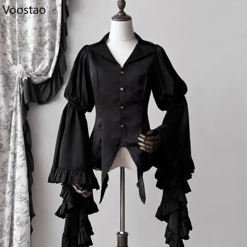 

Japanese Vintage Elegant Lolita Shirt Women Victorian Gothic Flare Sleeve Blouses Female Y2k Aesthetic Casual Retro Tops Blusas