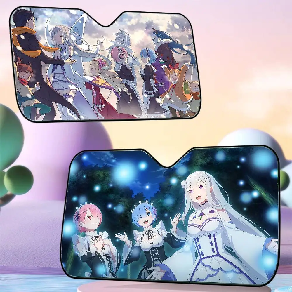 

Аниме Re-Zero автомобильный солнцезащитный козырек, солнцезащитный козырек на окно, солнцезащитный крем, передний капюшон на лобовое стекло, внутренняя передняя перегородка, двойное кольцо, солнцезащитный козырек