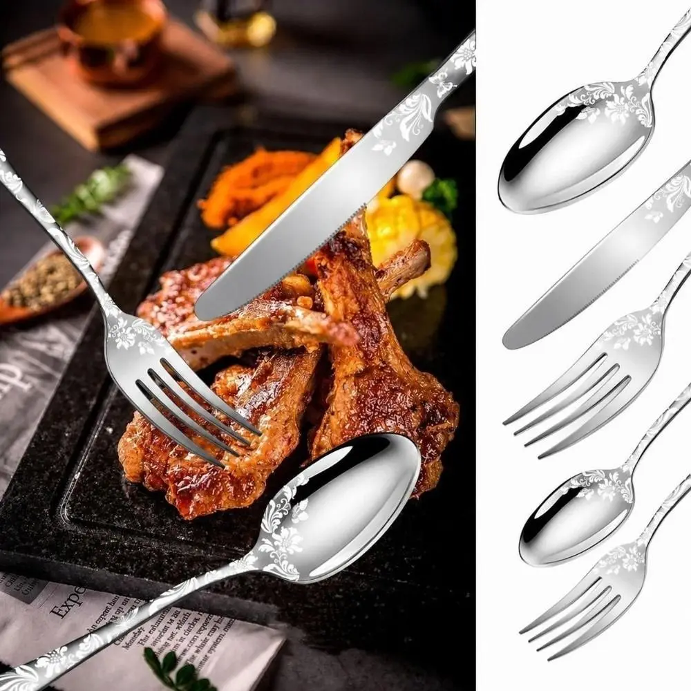 40pcs Stainless Steel Silverware Set Mirror Polished Silver Gold Cutlery Set Rust Resistant Floral Pattern Tableware Set
