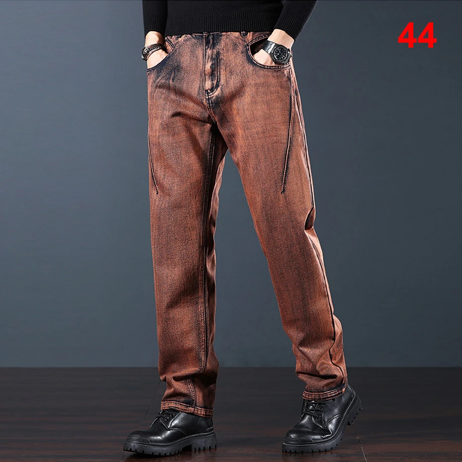 

Vintage Punk Jeans Men 44 Plus Size Red Cargo Denim Pants Fashion Casual Straight Baggy Jeans Big Size