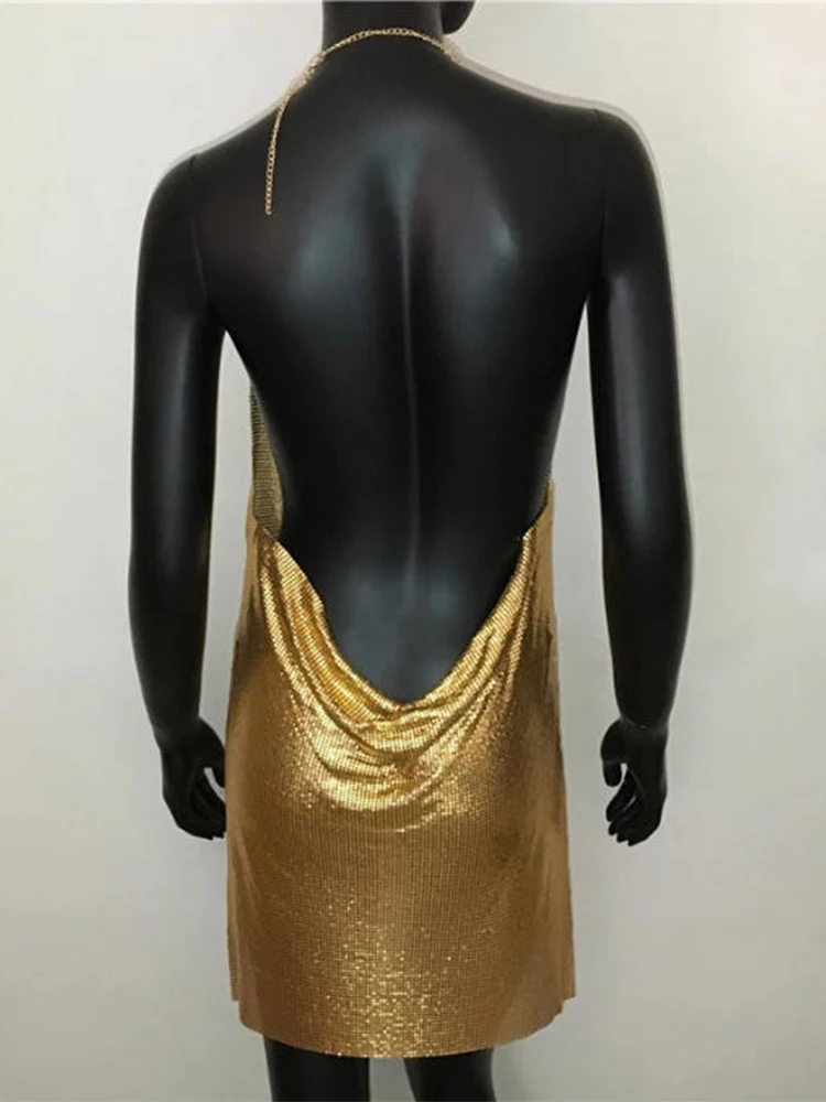 

Gold Sexy Clubwear Backless Sequin Short Dress For Women Cocktail Metalic Split Mesh Harness Body Chain Club Low Cut Mini Dress