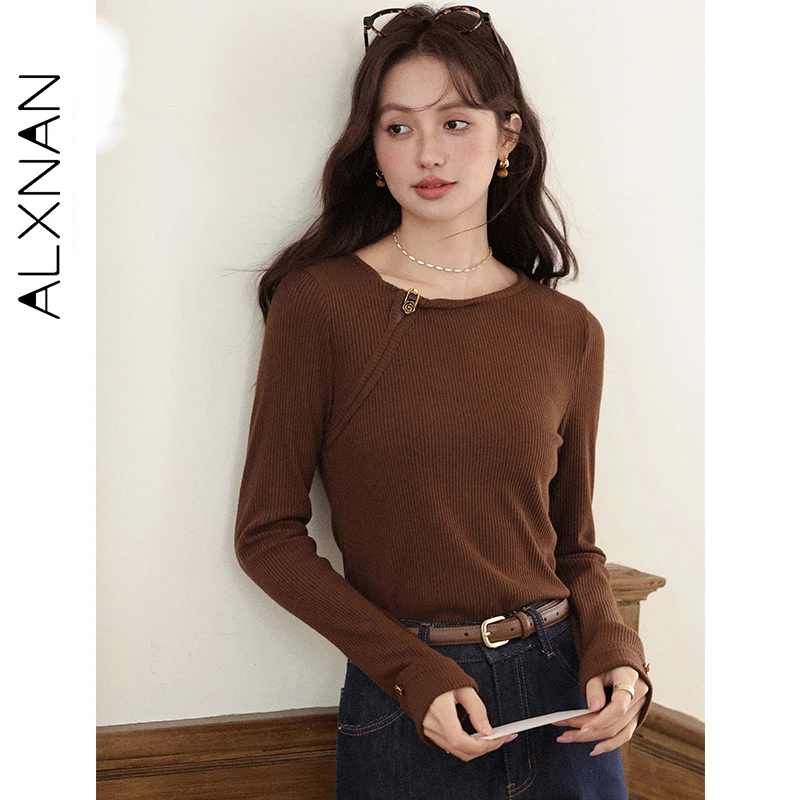 

ALXNAN Long-Sleeve Tops Round Neck Detachable Rose Pin Cufflinks Knitwear Regular Shoulder Casual Autumn Knitted Pullover L58522