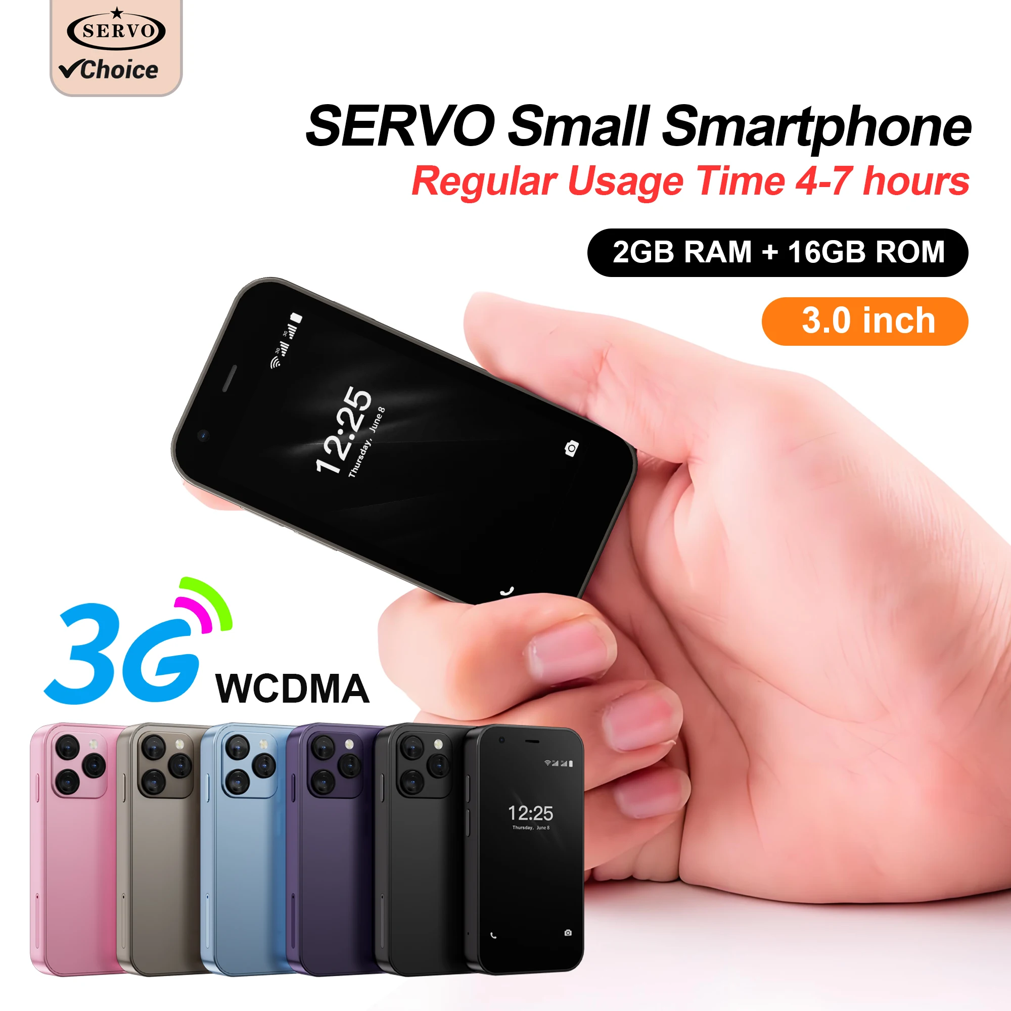 SERVO 3G WCDMA Mini Smartphone 3'' HD Display 2+16GB Dual SIM WiFi GPS Facial Recognition Android Smart Mobile Phones Play Store