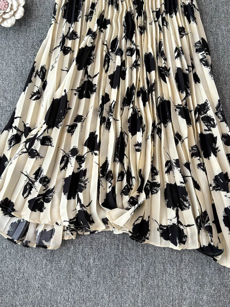 Spring Women Floral Pleated Long Skirt Elegant High Waist Elastic Fladas Casual Female A-Line Skirts New Fashion Saia