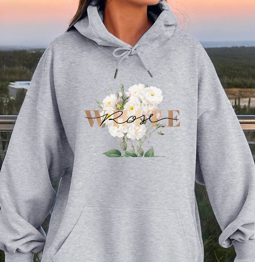 

White Rose Print Women Hoodie Loose Fashion Streetwear Autumn Multicolor Hoodies Hip Hop Pullover Unisex Clothing New