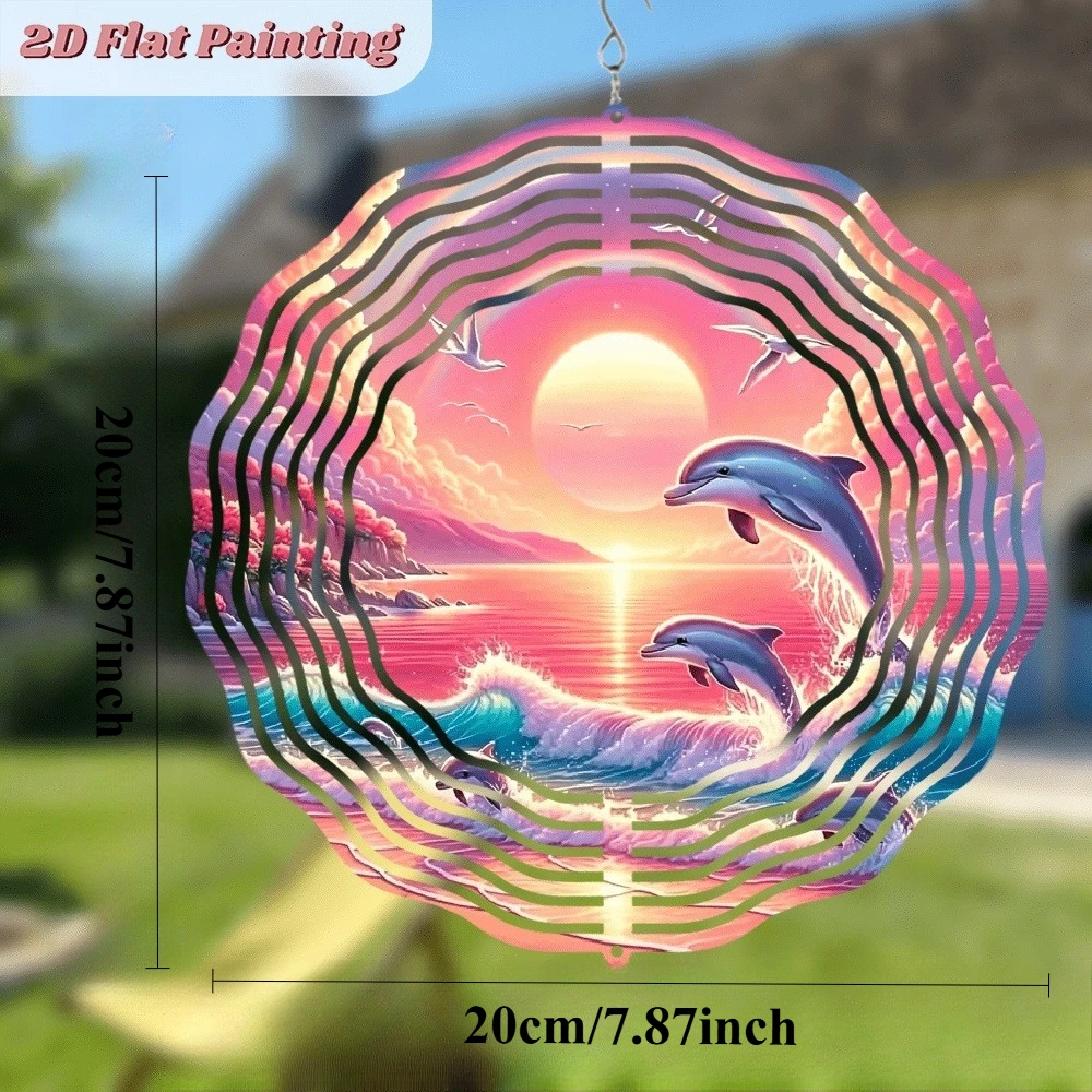 2D Flat,  Circular Iron Wind Chime Featuring a Dolphin Leaping Out of the Sea at Sunset. It Can Rotate 360 Degrees