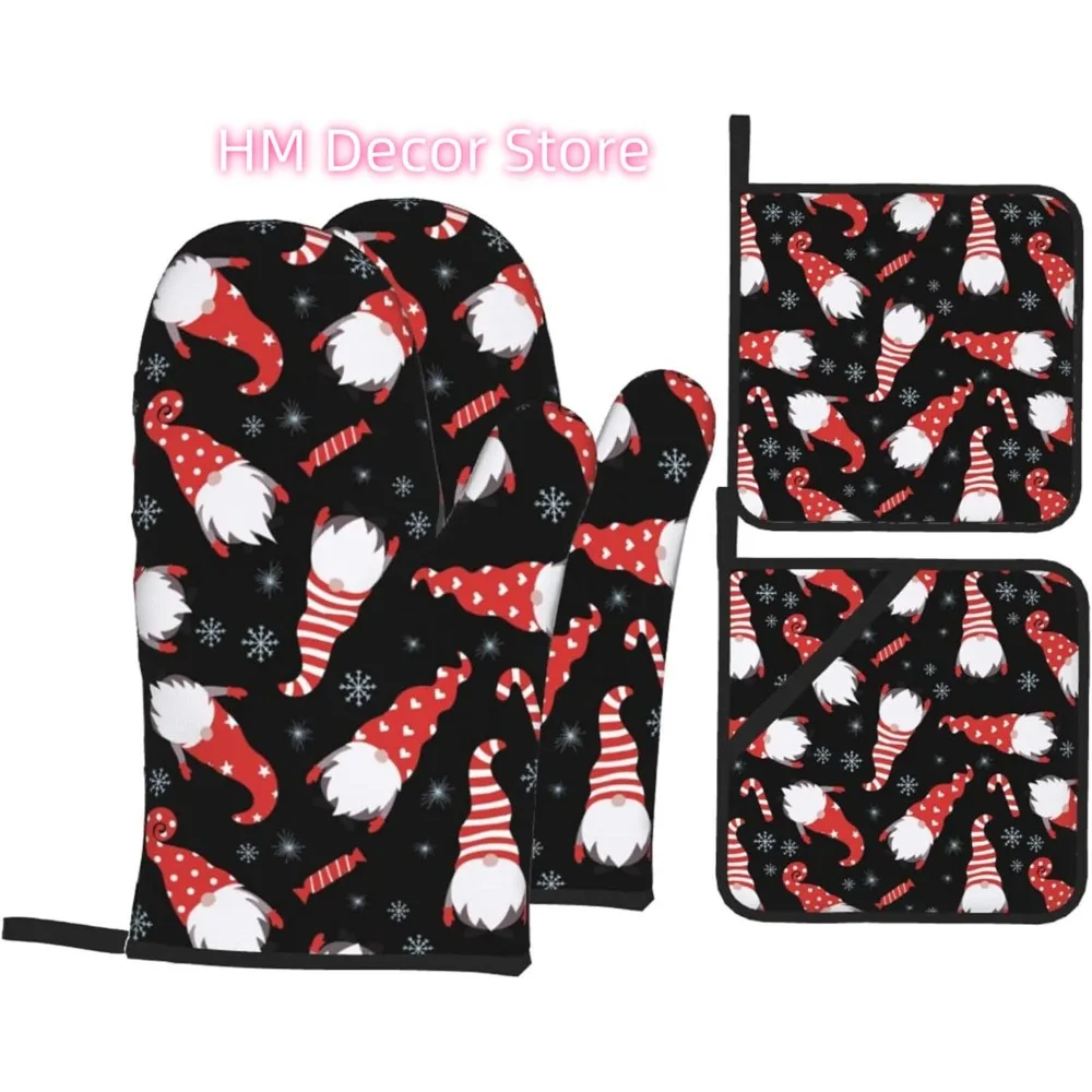 Christmas Red Gnomes Oven Mitts and Pot Holders Sets of 4, Merry Christmas Cooking Gloves Holiday Country Style Oven Mitts for K