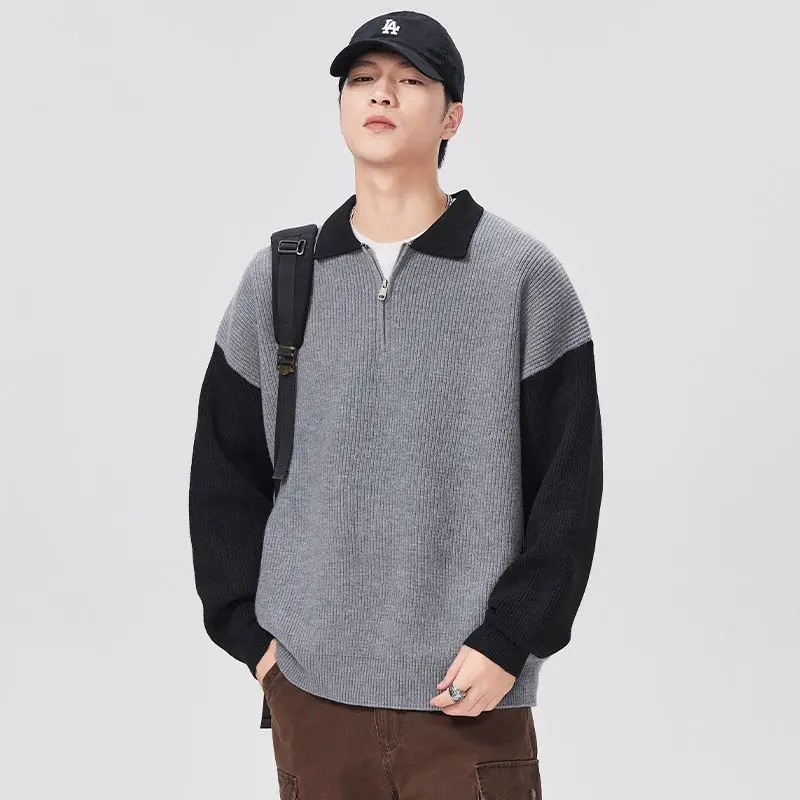 Fashionable and Casual Men's Half-zip Pullover Sweater, Retro Style with Color Block Design