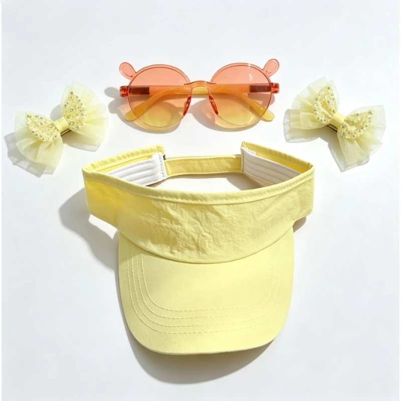 4Pcs/Kids Outdoor Travel Set – Sun Hat with Bow Hairpin & UV Sunglasses for Beach, Park & Daily Photoshoot