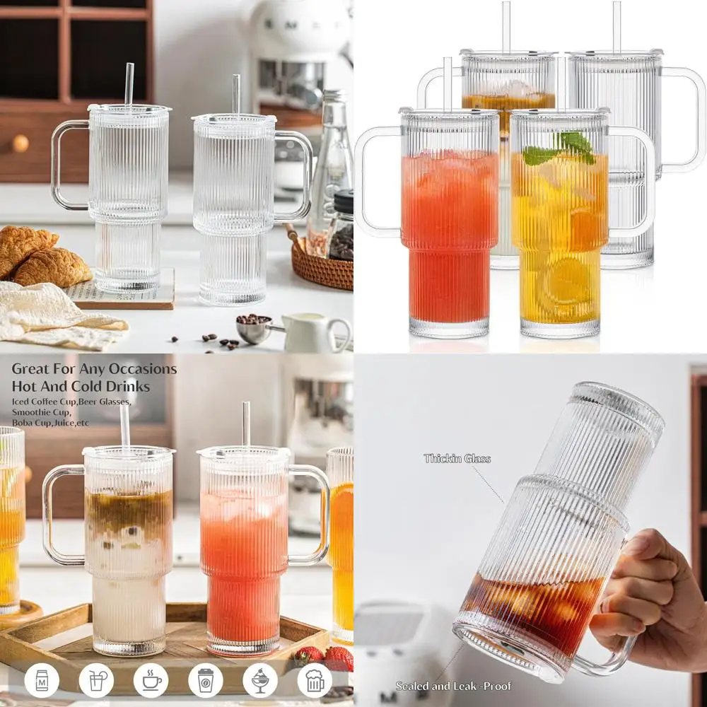 

Набор из 4 стаканов в рубчик с ручкой и крышкой — большие кружки для холодных и горячих напитков, идеально подходят для смузи, чая, сока и кофе со льдом