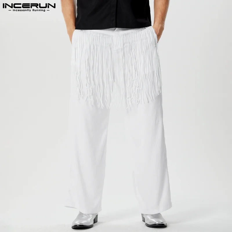 INCERUN 2024 American Style Trousers Men's Thin Fringe Patchwork Straight Pant Casual Clubwear Personality Solid Pantalons S-5XL