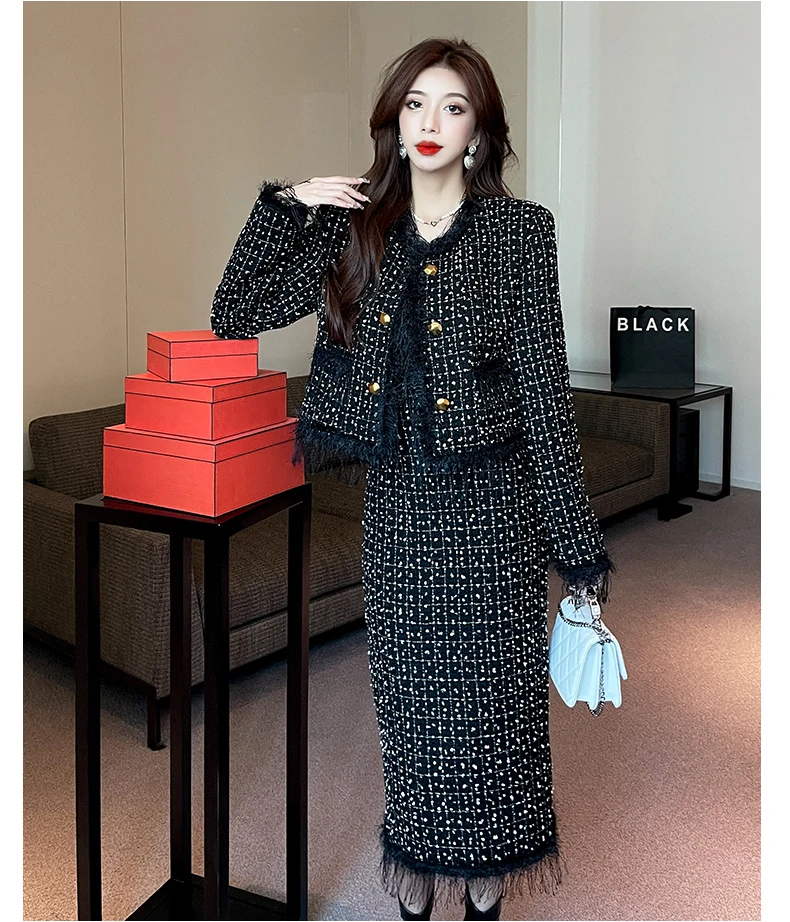 High Quality Fall Winter Elegant Tweed 2 Piece Set Women Outfits Tassel Small Fragrance Luxury Short Jacket Coat+Long Skirt Suit