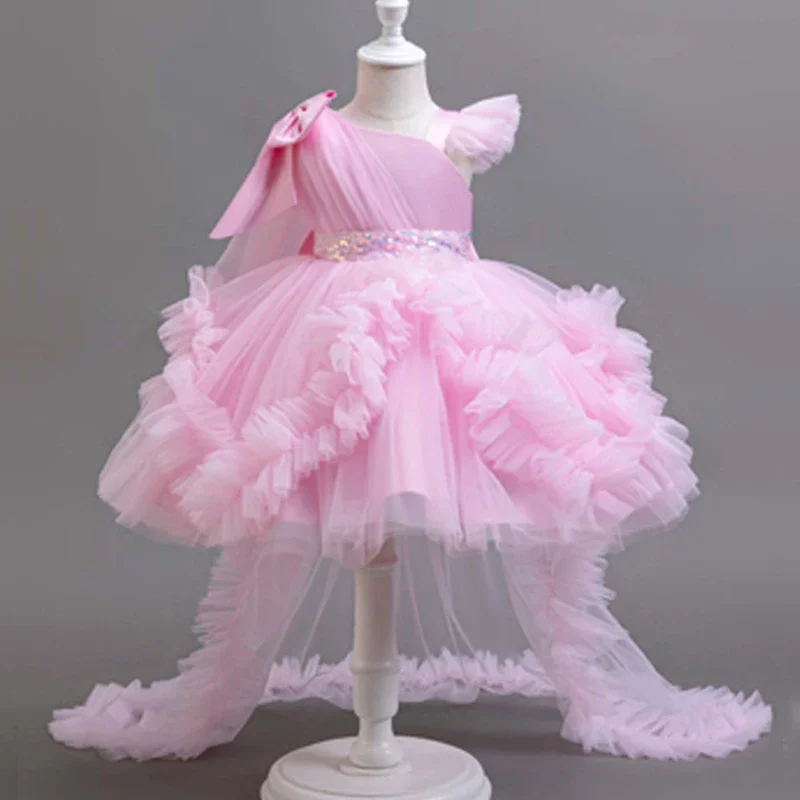 Girls Asymmetric Ruffled Tulle Gown With Bow And Sequin Belt Perfect For Flower Girl Train Dresses Birthday Celebrations Piano P