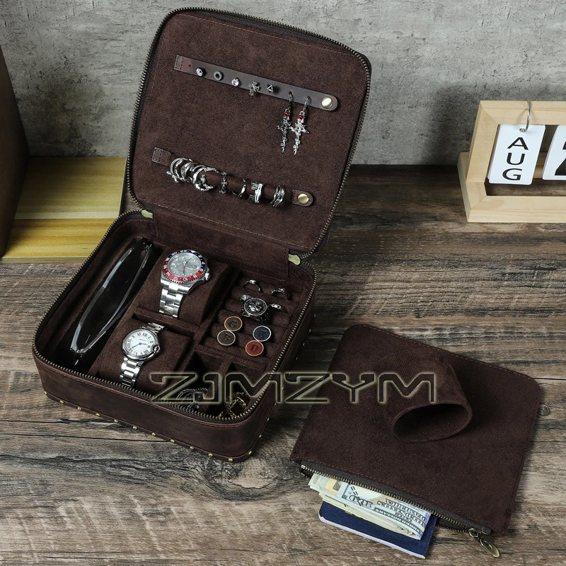 Crazy Horse Leather Watch Box with Rivets, Suitcase Style Jewelry Organizer Case, Ring Earring Storage Gift for Men